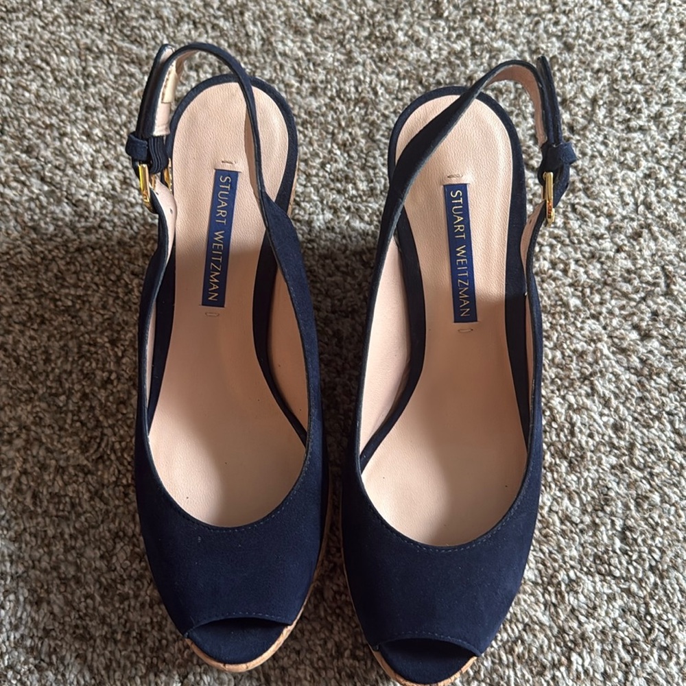 for the Stuart Weitzman "Jean" Suede Peep-Toe Cork Wedge Slingbacks size 6